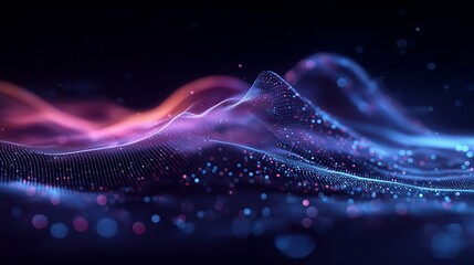 Abstract digital wave pattern with glowing particles and vibrant colors on a dark background