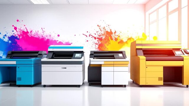 Colorful printers in modern print shop.