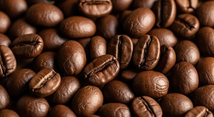 Fototapeta premium Close-up view of rich brown roasted coffee beans, perfect for a morning brew or an energizing start to the day, showcasing their natural texture and inviting aroma.