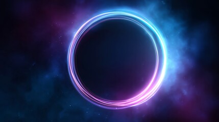 Neon glowing circular ring against a cosmic background with vibrant purple and blue hues