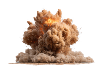 Large brown dust cloud explosion with bright orange fire at center on black background smoke, Png, Isolated on Transparent Background, Cut Out