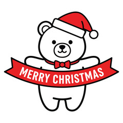 Cute Christmas Bear Icon with Santa Hat and Merry Christmas Banner