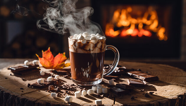 Cozy Coffee Mug by Fireplace with Autumn Leaves. - Powered by Adobe