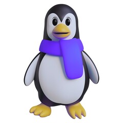 3d cartoon penguin character wearing a purple scarf standing