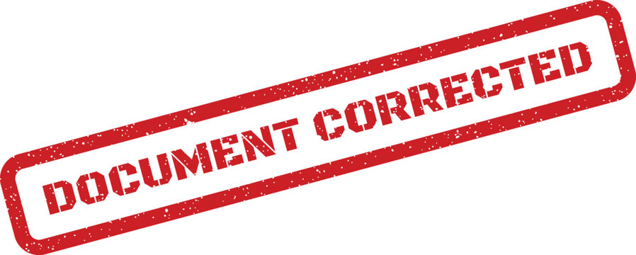 Red rectangular grunge stamp showing document corrected, indicating revision or error rectification for accuracy