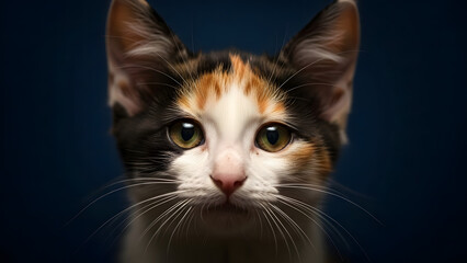 Close-up portrait of a cute calico kitten with striking eyes against a dark blue background.