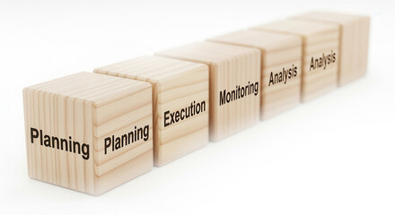 Wooden cubes featuring KPI stages positioned precisely with shallow depth and glowing white blurred atmosphere..png