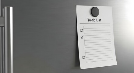 A simple to-do list document with checked items pinned to a modern brushed metal fridge door, representing an efficient daily task management concept