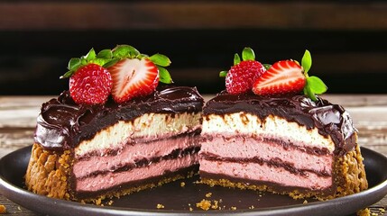 Layered Strawberry Chocolate Cheesecake, HD Food Display, Cozy Dessert Ins Style, Suitable for E-commerce Promotion Posters, Social Media Food Creation