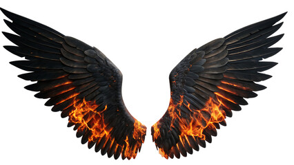 Obraz premium Dramatic pair of black wings emblazoned with fiery light cut out on PNG. AI GENERATED.