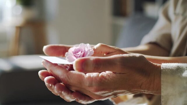 Close up of child hands giving handmade greeting card and flower to mother, happy mothers day celebration and family love concept. - Powered by Adobe