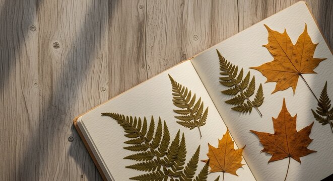 An open journal featuring a collection of meticulously pressed leaves, showcasing a natural autumn memory and botanical study concept on a rustic wooden table.