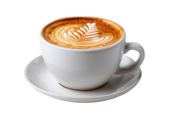 White ceramic cup of frothy latte coffee with leaf art on black background cappuccino espresso, Png, Isolated on Transparent Background, Cut Out