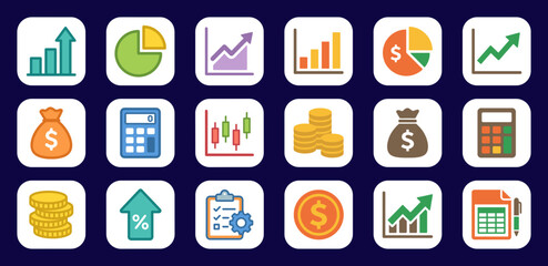 Large collection of sixteen flat vector icons for finance, business, money, investment, charts, growth, and financial management concepts