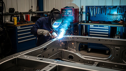 Industrial welder working on metal chassis, bright sparks flying in workshop