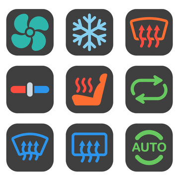 HVAC and climate control icons for car dashboard interface including fan, AC, defroster, seat heater, and auto mode
