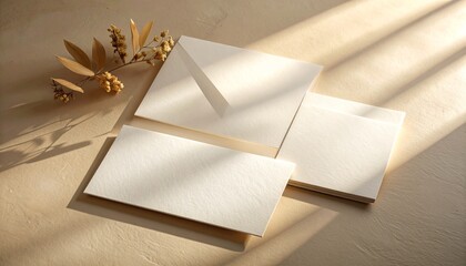 A blank greeting card placed on soft linen cloth with warm sunlight, gentle shadows and modern minimal stationery style.
