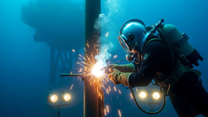 Deep sea diver performing industrial welding with bright sparks on a submerged offshore structure