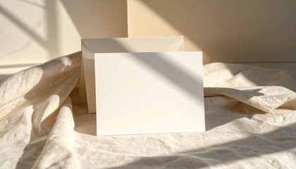 A blank greeting card placed on soft linen cloth with warm sunlight, gentle shadows and modern minimal stationery style.
