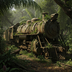 Abandoned Steam Train Hidden in Lush Tropical Jungle Forest