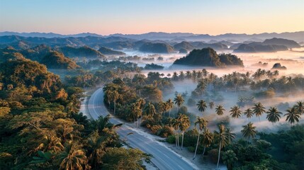 Obraz premium Serene Aerial View of Misty Tropical Landscape at Dawn
