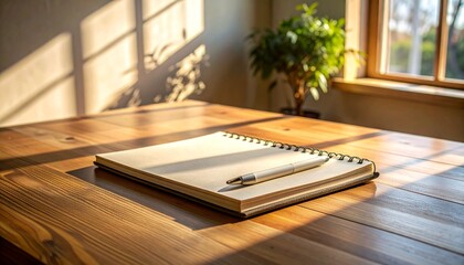 A minimal notebook and pen on a warm wooden desk, soft window light, gentle shadows and clean negative space for branding.
