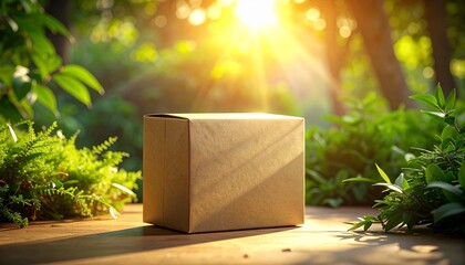 A clean kraft-paper packaging mockup with warm soft light, recycled textures, subtle shadows and natural greenery nearby.
