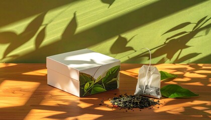 A clean tea box and sachet placed on warm neutral surface with soft sunlight, leaf shadows and fresh natural aesthetic.
