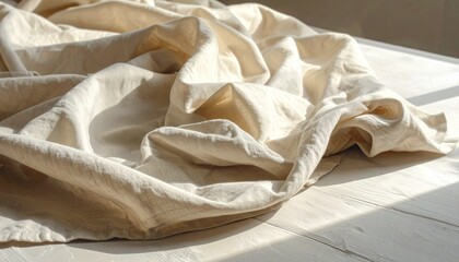 A soft linen fabric spread naturally with warm ambient light, gentle folds and clean space ideal for card, print or branding overlays.
