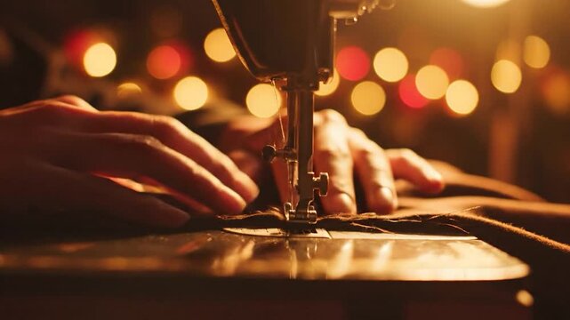 Person sewing fabric on antique machine crafting garment with warm bokeh background