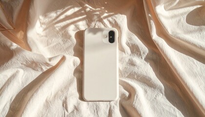 A minimal phone case mockup lying on soft fabric with warm light, gentle shadows and neutral tones.

