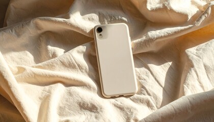 A minimal phone case mockup lying on soft fabric with warm light, gentle shadows and neutral tones.
