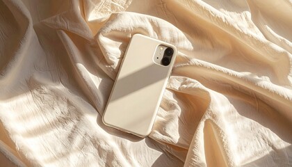 A minimal phone case mockup lying on soft fabric with warm light, gentle shadows and neutral tones.
