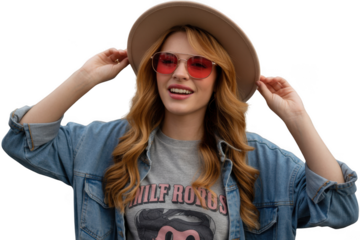 Woman wearing a hat and sunglasses, isolated on transparent background