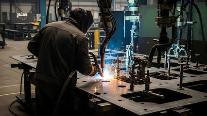 Skilled industrial worker welding metal parts in a modern factory, sparks illuminating the work area