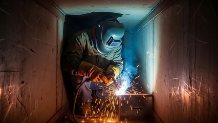 Industrial Welder Working with Bright Sparks in Dark Workshop, Wearing Protective Mask and Gear