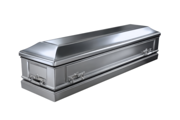 Polished silver metal coffin with ornate handles on black background casket, Png, Isolated on Transparent Background, Cut Out