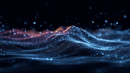 Abstract digital wave pattern with glowing particles and flowing lines on a dark background