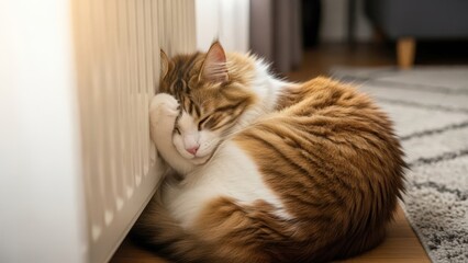 A fluffy orange and white cat curls up next to a radiator, enjoying the warmth during the heating season. The cozy indoor setting features a soft rug and warm lighting.