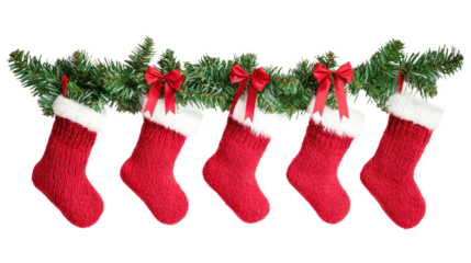 Christmas stockings hanging from a green garland with red bows.