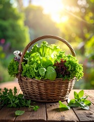 Freshly picked organic green salad leaves in a rustic basket on a wooden table outdoors, bathed in warm sunlight.