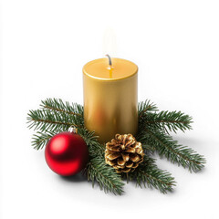 A lit gold candle with green branches and a red ornament on a white background.