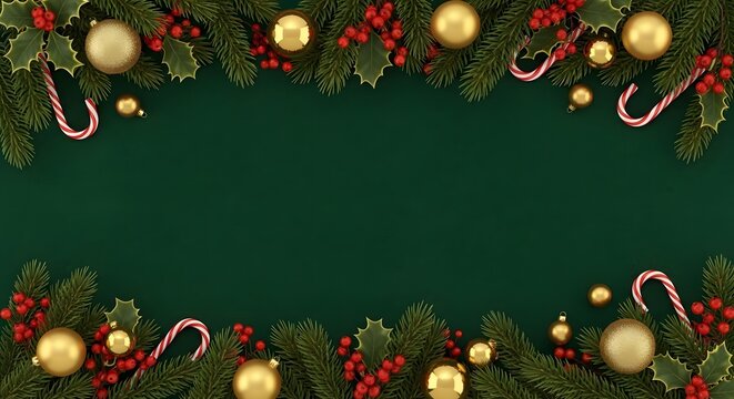 Christmas border with holly, candy canes, and ornaments on a dark green background