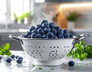 Freshly Washed Blueberries Steaming in a Colander on a Kitchen Countertop.