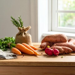 Freshly Harvested Root Vegetables and Herbs on a Rustic Wooden Table by a Window.