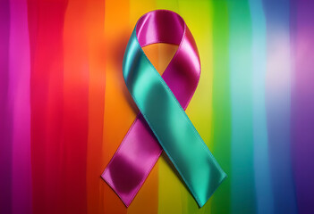 A teal and magenta awareness ribbon rests on a vibrant rainbow flag background. This image symbolizes health, support, and solidarity within the LGBTQIA+ pride and diversity community.