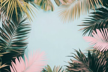 Fototapeta premium Tropical leaves border blue, pink, and golden hues