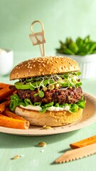 Gourmet Vegan Burger with Sweet Potato Fries on a Biodegradable Plate.