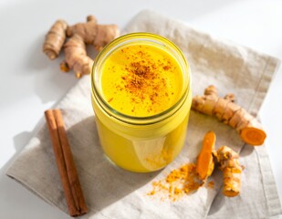 Golden Milk Turmeric Latte with Fresh Ginger and Cinnamon Sticks on a White Background.