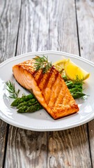 Grilled Salmon Fillet with Asparagus and Lemon on a White Plate.